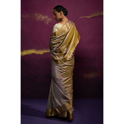 Dressfolk Gray Silk Satin Saree with Wide Metallic Border without Blouse