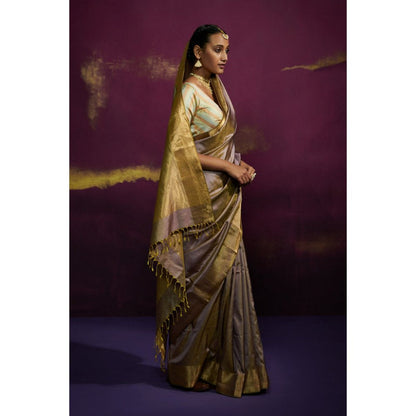 Dressfolk Gray Silk Satin Saree with Wide Metallic Border without Blouse