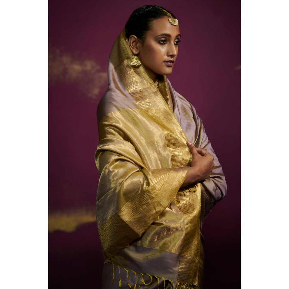 Dressfolk Gray Silk Satin Saree with Wide Metallic Border without Blouse