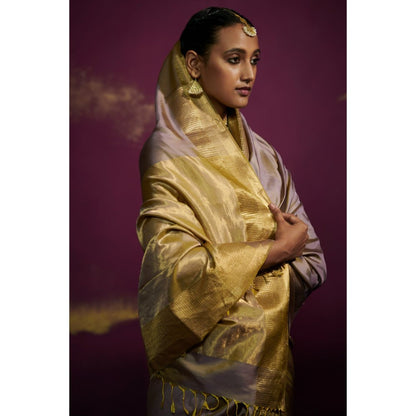 Dressfolk Gray Silk Satin Saree with Wide Metallic Border without Blouse