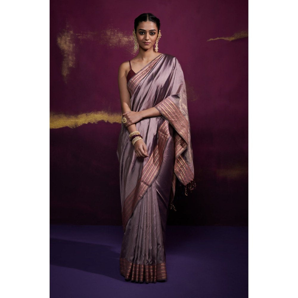 Dressfolk Mauve Silk Satin Saree with Wide Metallic Border without Blouse