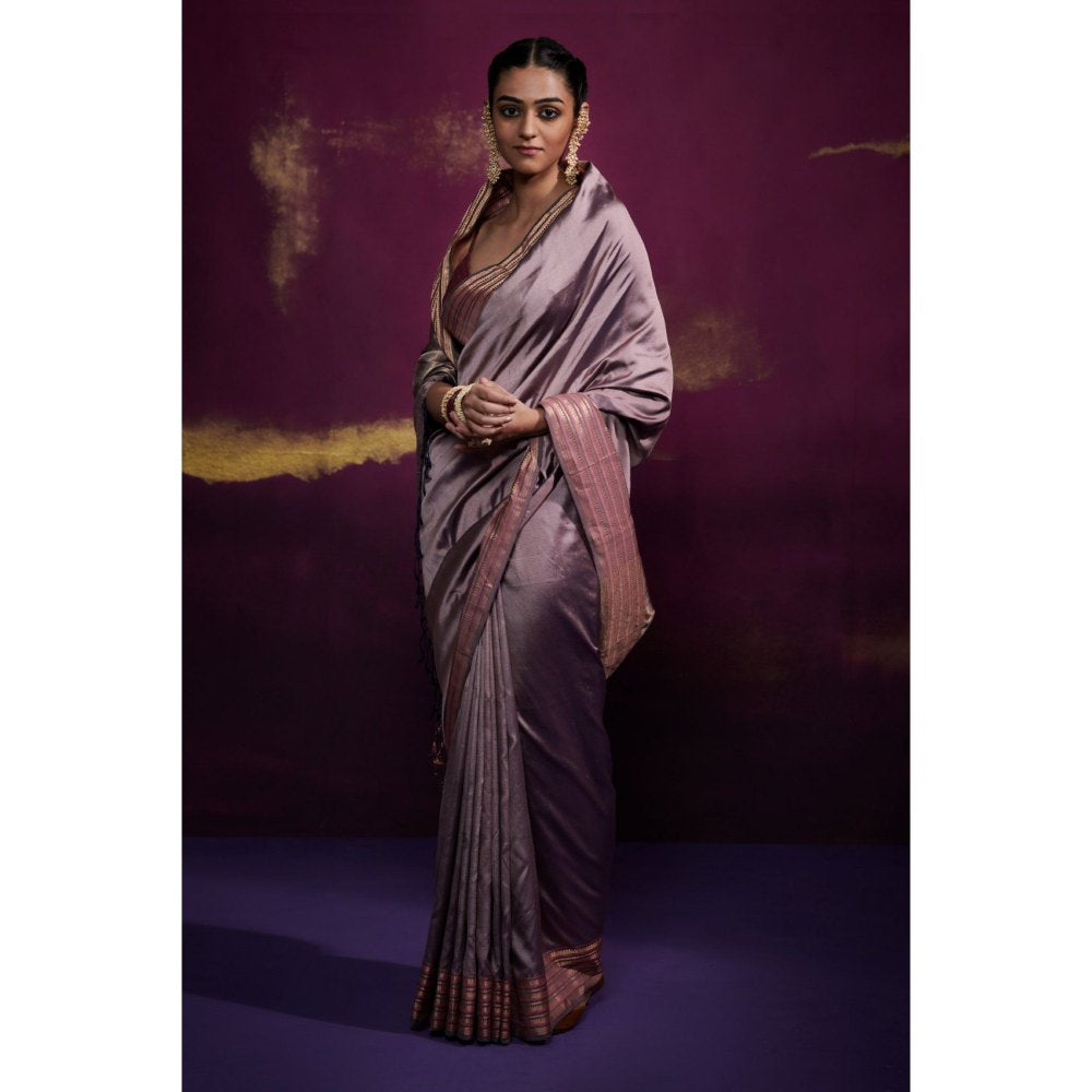 Dressfolk Mauve Silk Satin Saree with Wide Metallic Border without Blouse