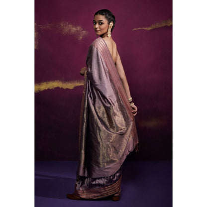Dressfolk Mauve Silk Satin Saree with Wide Metallic Border without Blouse