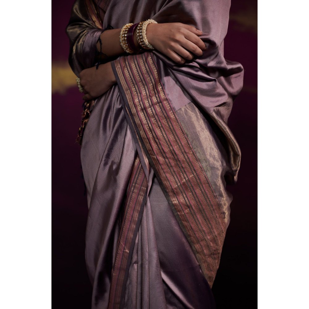 Dressfolk Mauve Silk Satin Saree with Wide Metallic Border without Blouse