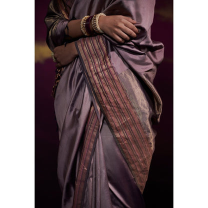 Dressfolk Mauve Silk Satin Saree with Wide Metallic Border without Blouse