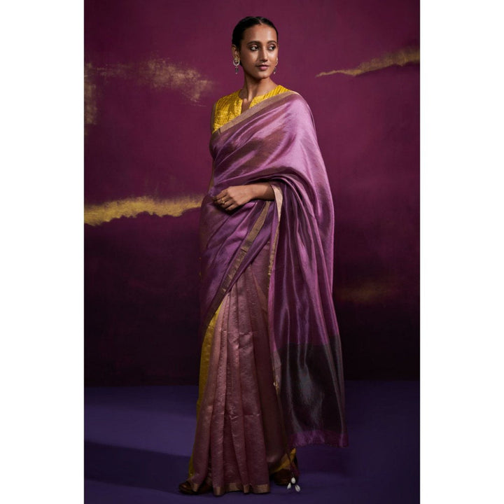 Dressfolk Three Color Blocked Saree In Lime Green Onion and Mauve Color without Blouse