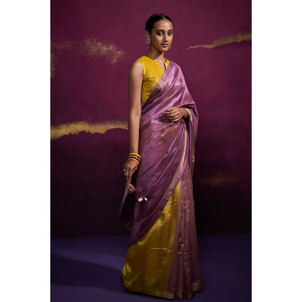 Dressfolk Three Color Blocked Saree In Lime Green Onion and Mauve Color without Blouse
