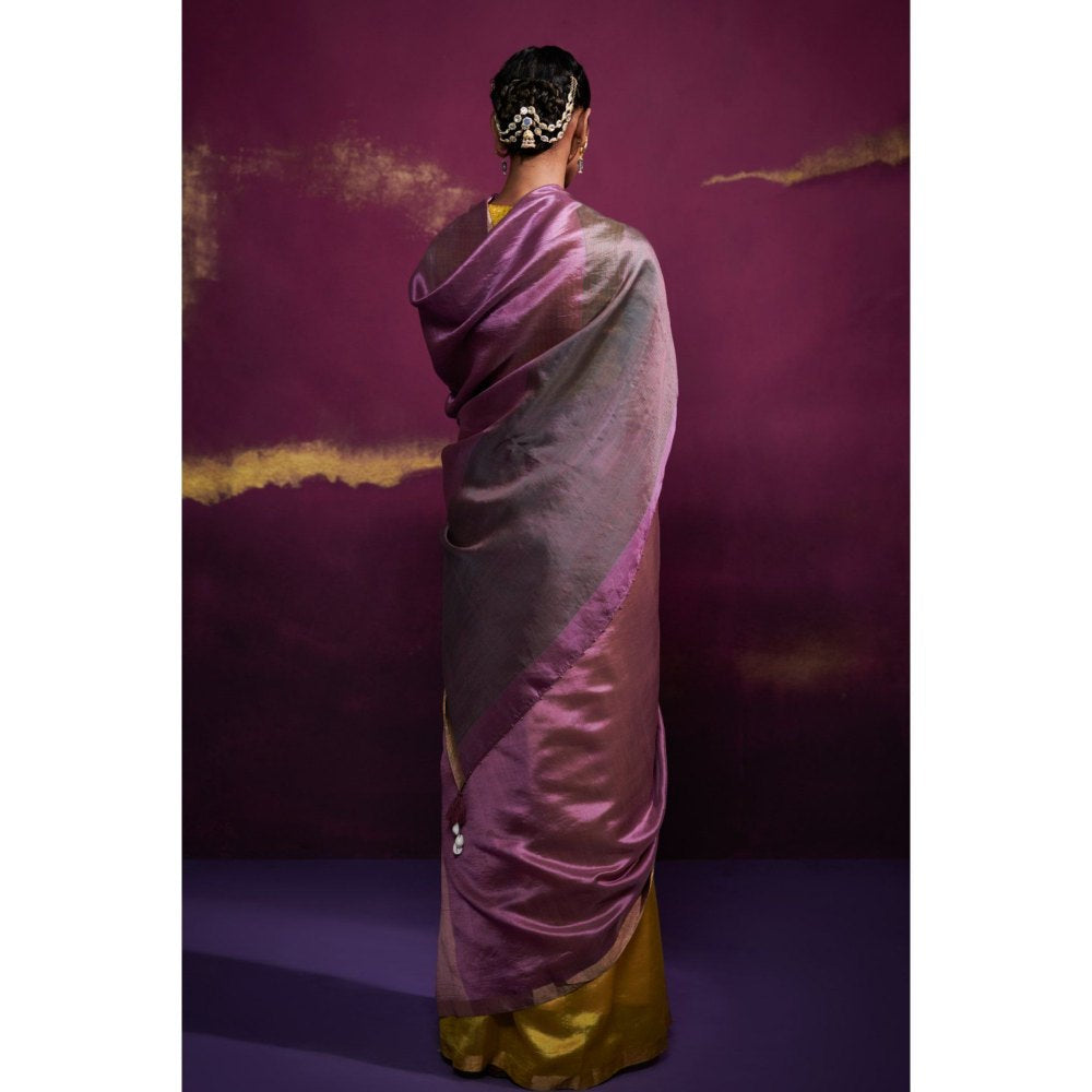 Dressfolk Three Color Blocked Saree In Lime Green Onion and Mauve Color without Blouse