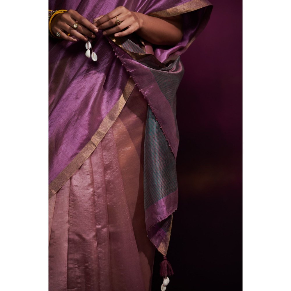 Dressfolk Three Color Blocked Saree In Lime Green Onion and Mauve Color without Blouse