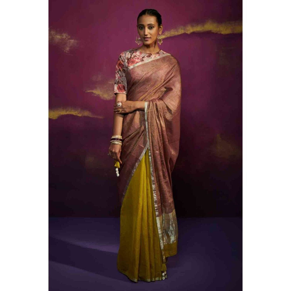 Dressfolk Olive Green and Half Coke Tissue Saree with Fine Silver Metallic Border without Blouse