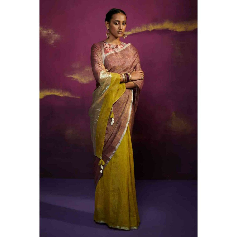 Dressfolk Olive Green and Half Coke Tissue Saree with Fine Silver Metallic Border without Blouse
