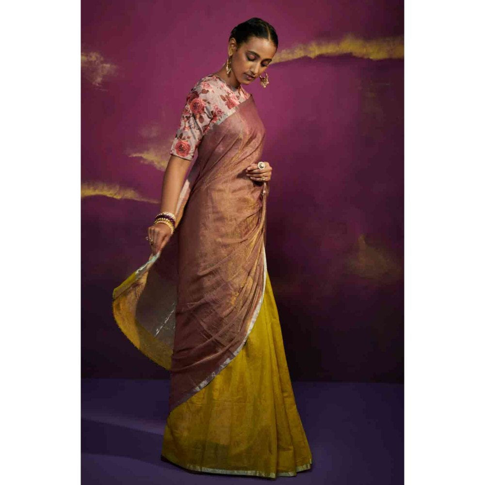 Dressfolk Olive Green and Half Coke Tissue Saree with Fine Silver Metallic Border without Blouse