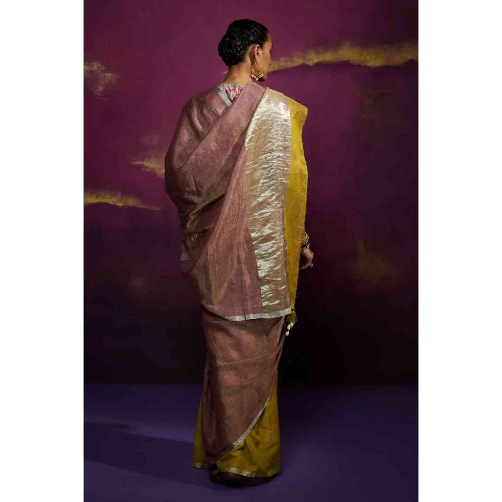 Dressfolk Olive Green and Half Coke Tissue Saree with Fine Silver Metallic Border without Blouse