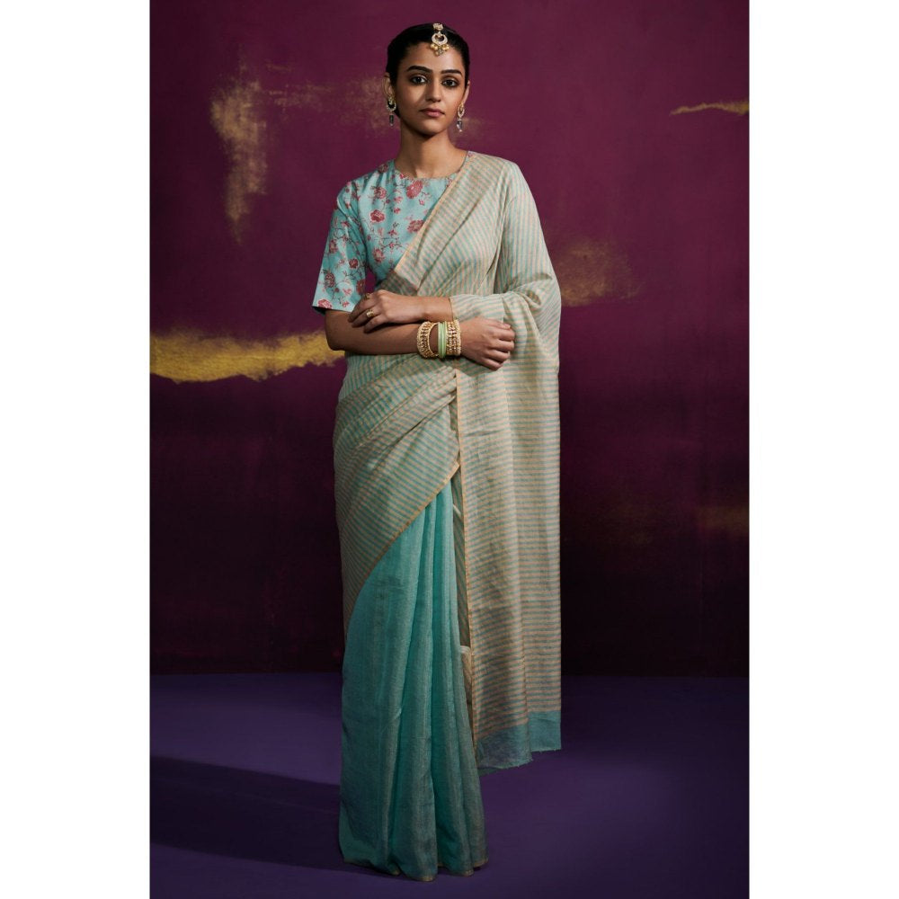 Dressfolk Aqua Color Tissue Saree with Peach Stripes In Anchal and Palla Area without Blouse