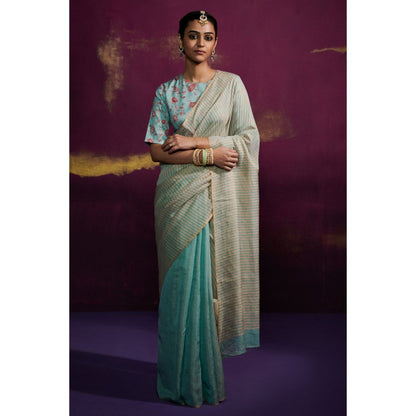 Dressfolk Aqua Color Tissue Saree with Peach Stripes In Anchal and Palla Area without Blouse