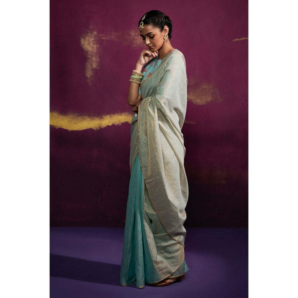Dressfolk Aqua Color Tissue Saree with Peach Stripes In Anchal and Palla Area without Blouse