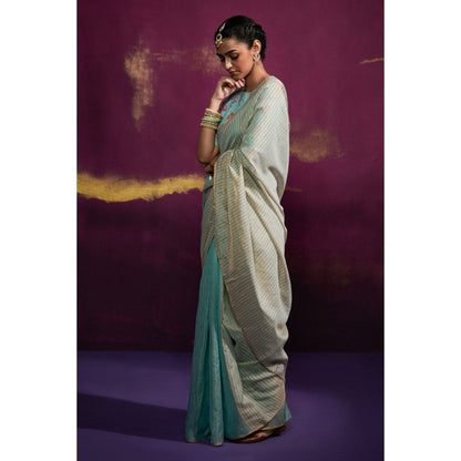 Dressfolk Aqua Color Tissue Saree with Peach Stripes In Anchal and Palla Area without Blouse