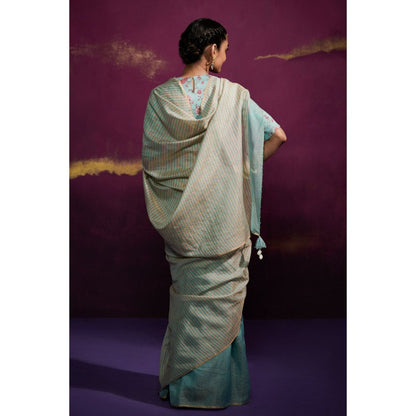 Dressfolk Aqua Color Tissue Saree with Peach Stripes In Anchal and Palla Area without Blouse