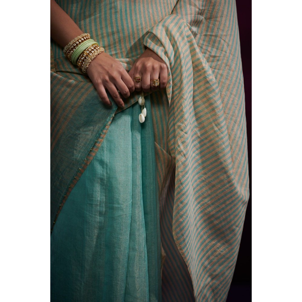 Dressfolk Aqua Color Tissue Saree with Peach Stripes In Anchal and Palla Area without Blouse