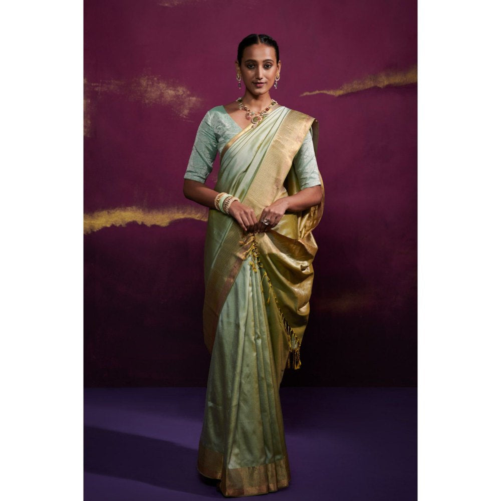 Dressfolk Green Silk Satin Saree with Wide Metallic Border without Blouse