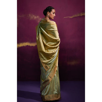 Dressfolk Green Silk Satin Saree with Wide Metallic Border without Blouse