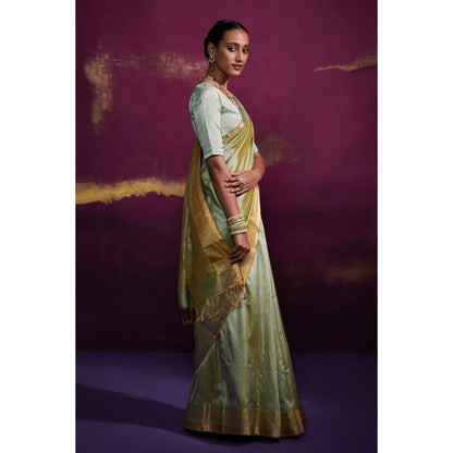 Dressfolk Green Silk Satin Saree with Wide Metallic Border without Blouse