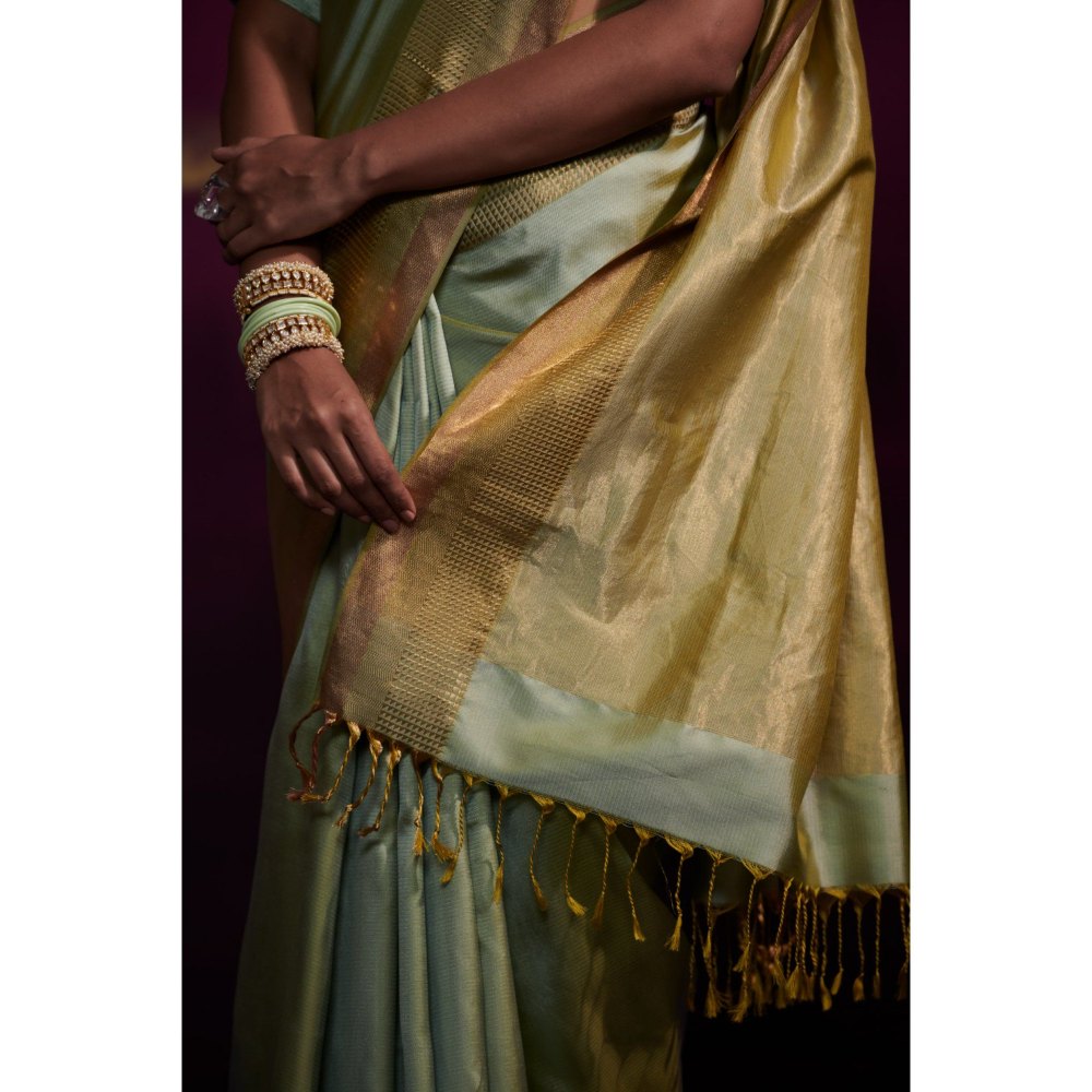 Dressfolk Green Silk Satin Saree with Wide Metallic Border without Blouse