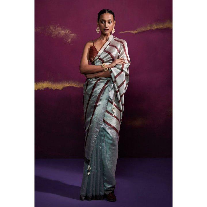 Dressfolk Powder Blue Saree with Deep Maroon Stripes In Anchal and Palla without Blouse