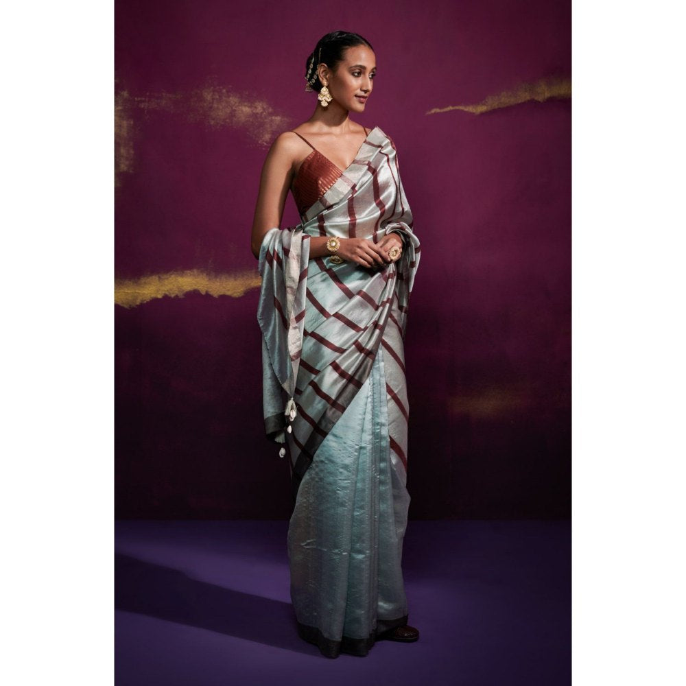 Dressfolk Powder Blue Saree with Deep Maroon Stripes In Anchal and Palla without Blouse