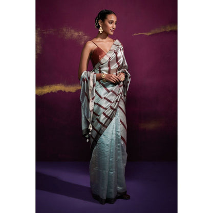 Dressfolk Powder Blue Saree with Deep Maroon Stripes In Anchal and Palla without Blouse