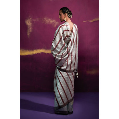 Dressfolk Powder Blue Saree with Deep Maroon Stripes In Anchal and Palla without Blouse