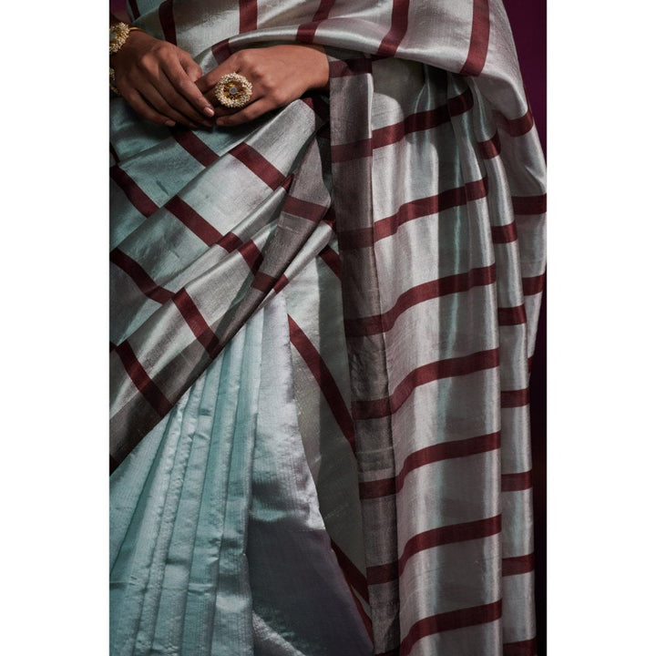 Dressfolk Powder Blue Saree with Deep Maroon Stripes In Anchal and Palla without Blouse
