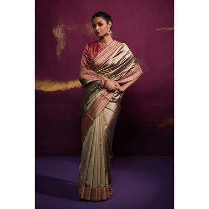 Dressfolk Antique Gold Color Silk Satin Saree with Contrast Maroon Border without Blouse