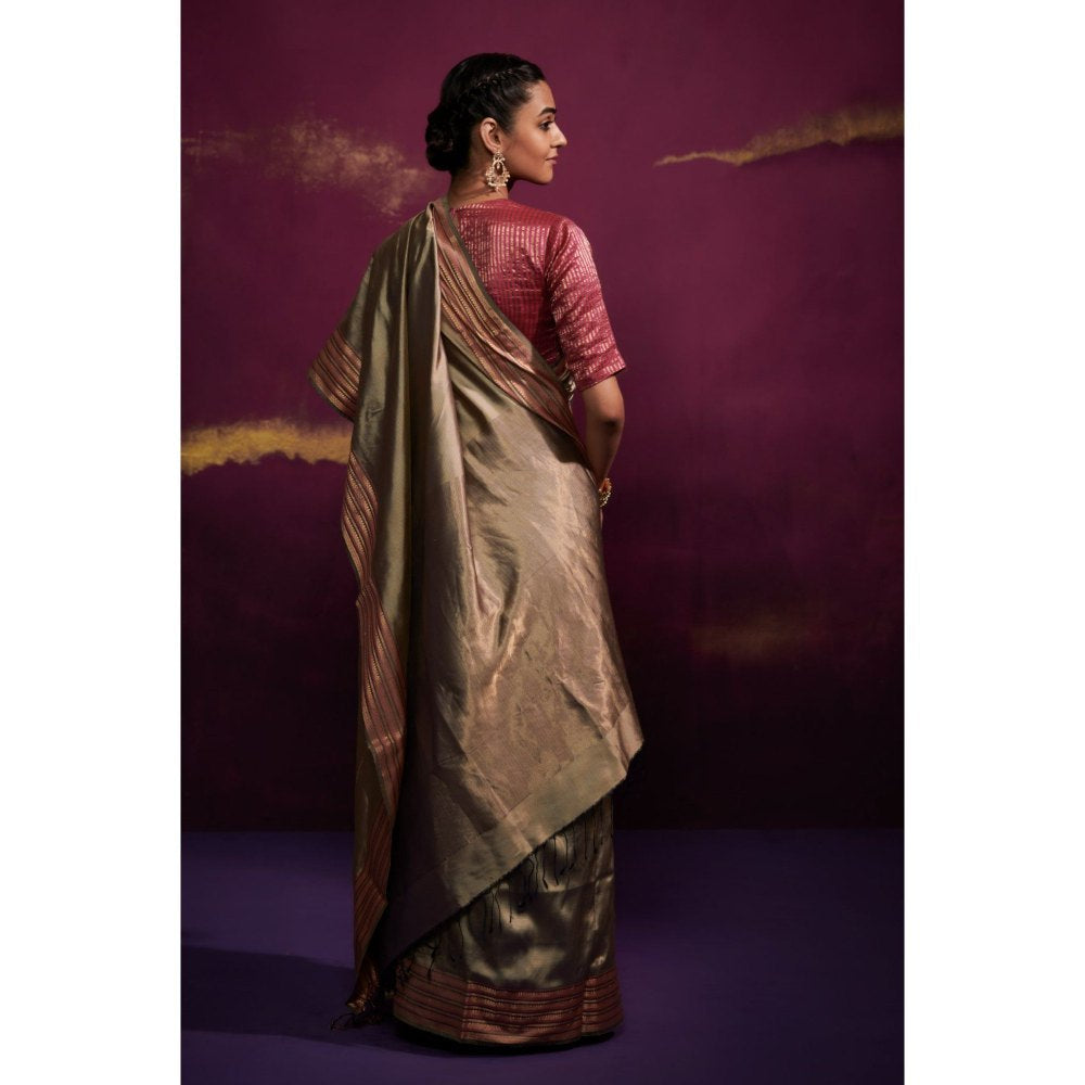 Dressfolk Antique Gold Color Silk Satin Saree with Contrast Maroon Border without Blouse