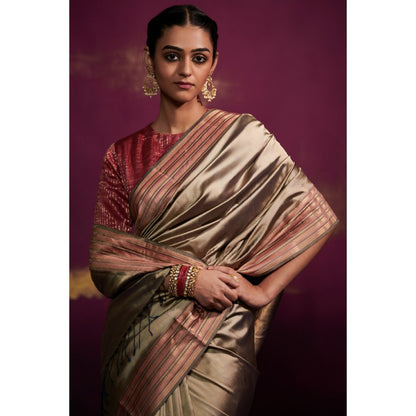 Dressfolk Antique Gold Color Silk Satin Saree with Contrast Maroon Border without Blouse