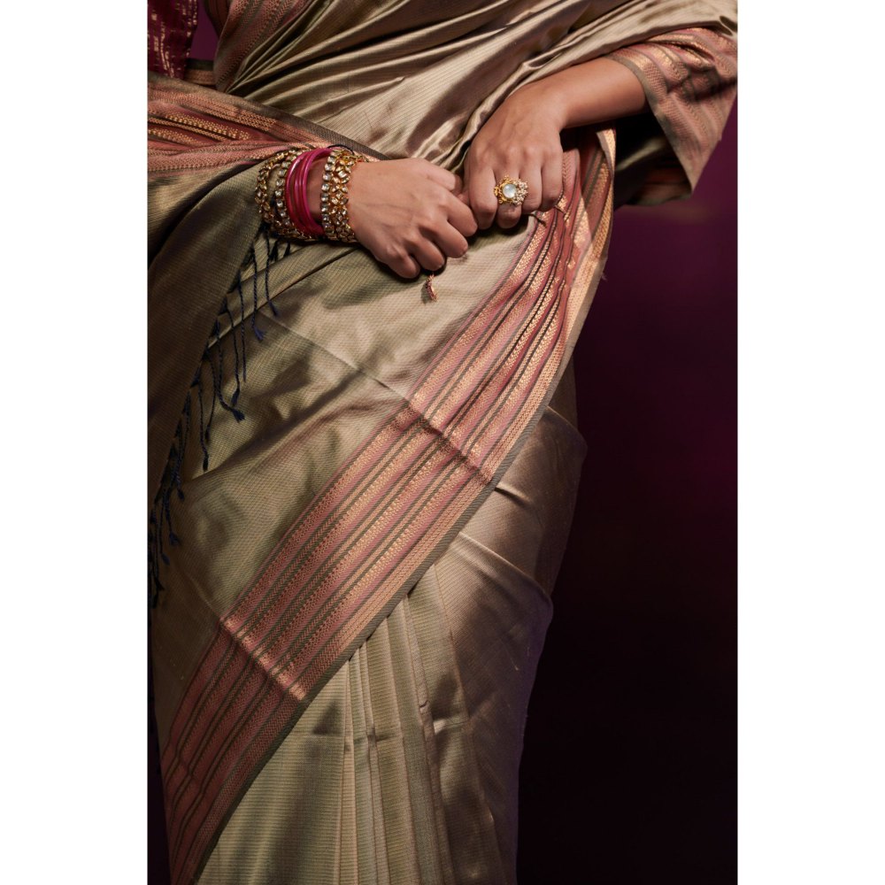Dressfolk Antique Gold Color Silk Satin Saree with Contrast Maroon Border without Blouse