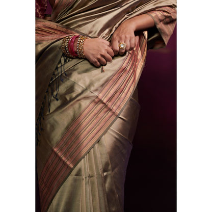 Dressfolk Antique Gold Color Silk Satin Saree with Contrast Maroon Border without Blouse