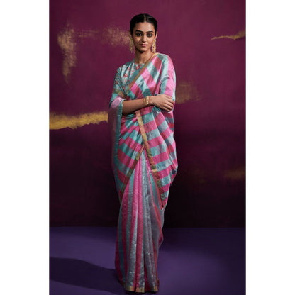 Dressfolk Aqua and Pink Thick Striped Saree without Blouse