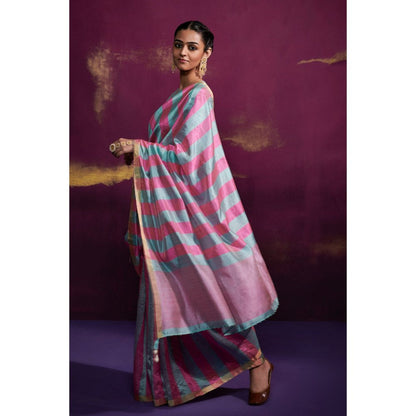 Dressfolk Aqua and Pink Thick Striped Saree without Blouse