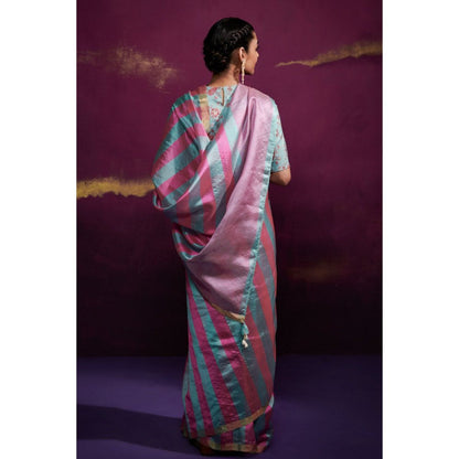 Dressfolk Aqua and Pink Thick Striped Saree without Blouse