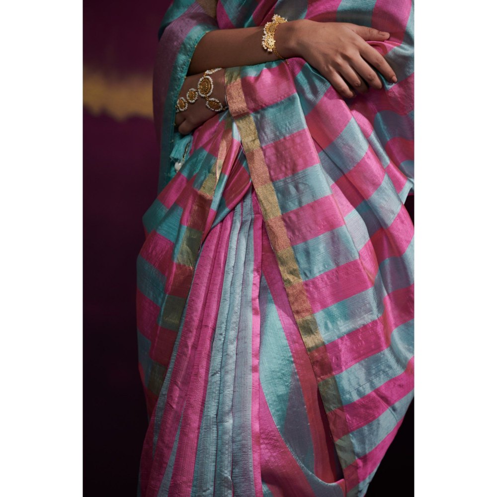 Dressfolk Aqua and Pink Thick Striped Saree without Blouse