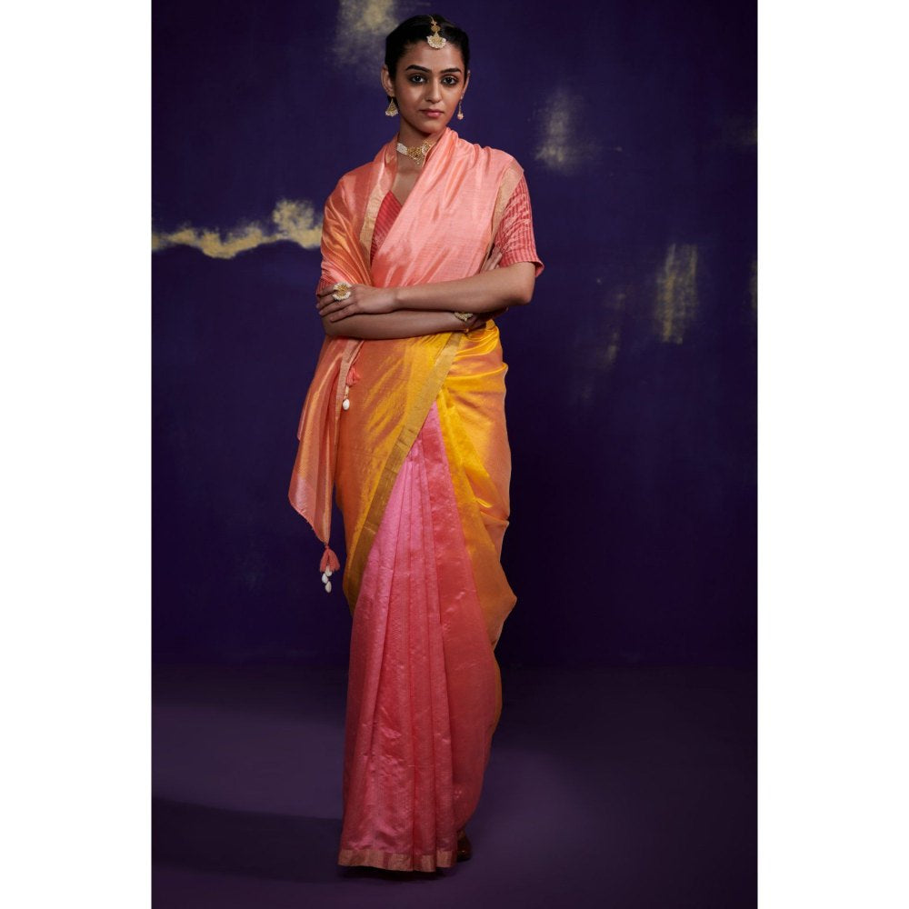 Dressfolk Tricolor Saree with Pink Color Skirt Area Followed By Yellow and Peach without Blouse