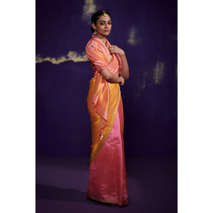 Dressfolk Tricolor Saree with Pink Color Skirt Area Followed By Yellow and Peach without Blouse