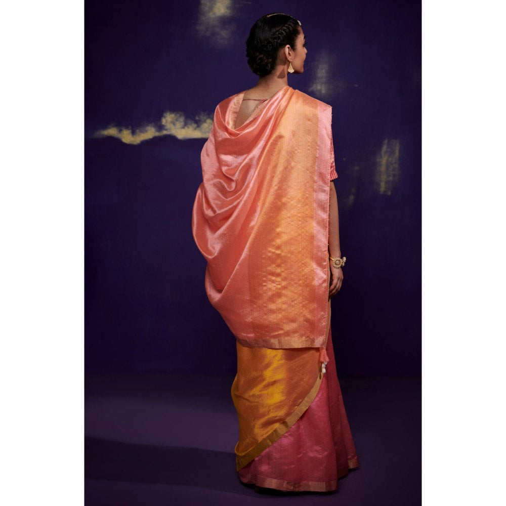 Dressfolk Tricolor Saree with Pink Color Skirt Area Followed By Yellow and Peach without Blouse