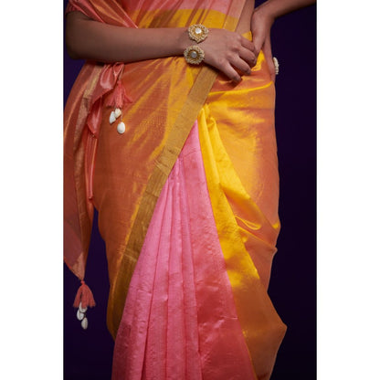 Dressfolk Tricolor Saree with Pink Color Skirt Area Followed By Yellow and Peach without Blouse