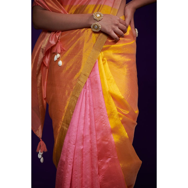 Dressfolk Tricolor Saree with Pink Color Skirt Area Followed By Yellow and Peach without Blouse