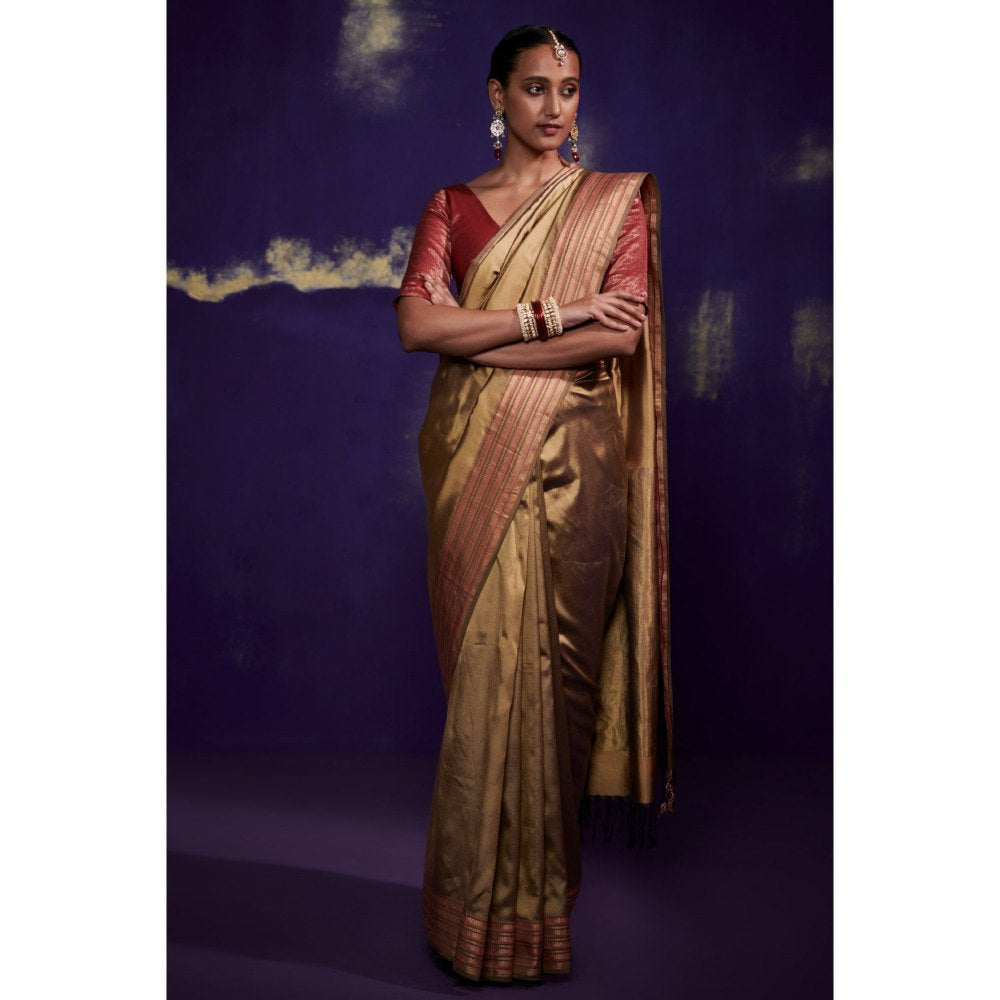 Dressfolk Gold Silk Satin Saree with Contrast Border without Blouse