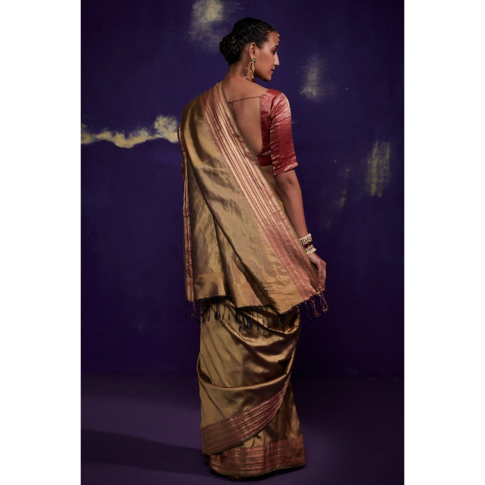 Dressfolk Gold Silk Satin Saree with Contrast Border without Blouse