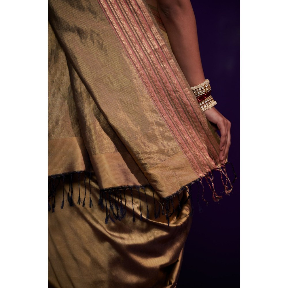Dressfolk Gold Silk Satin Saree with Contrast Border without Blouse