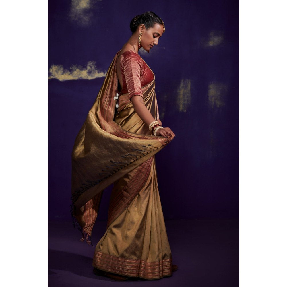 Dressfolk Gold Silk Satin Saree with Contrast Border without Blouse